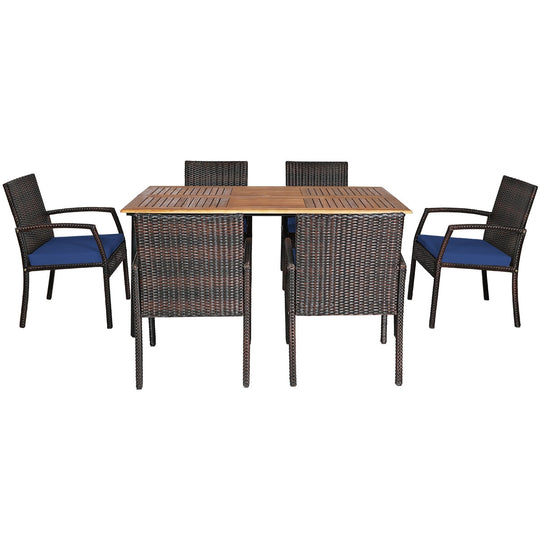 7Pcs Patio Rattan Cushioned Dining Set with Umbrella Hole