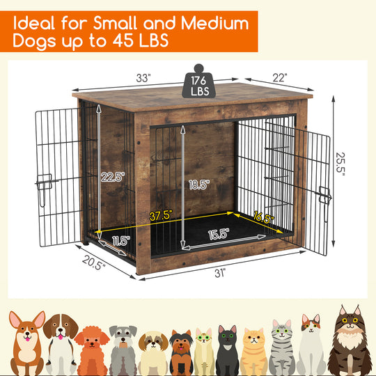 Dog Crate Furniture with Cushion and Double Doors for Small/Medium Dogs-33 Inches