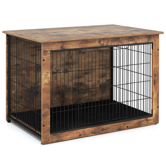 Dog Crate Furniture with Cushion and Double Doors for Small/Medium Dogs-37 Inches