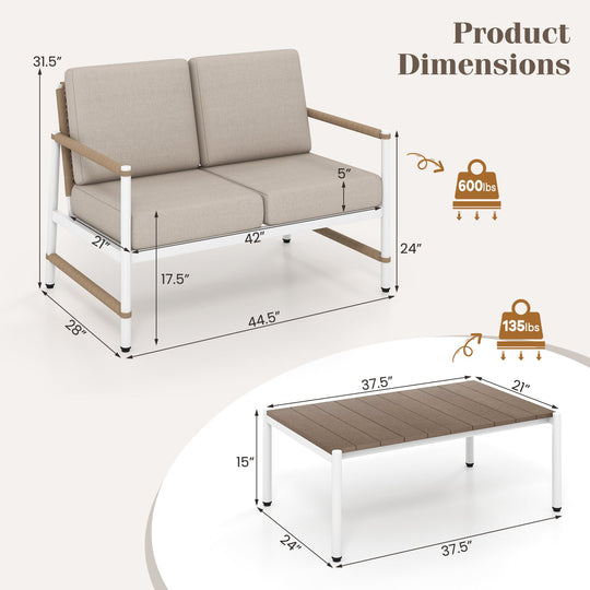 Patio Loveseat Sofa with Coffee Table Set with Thick Cushions