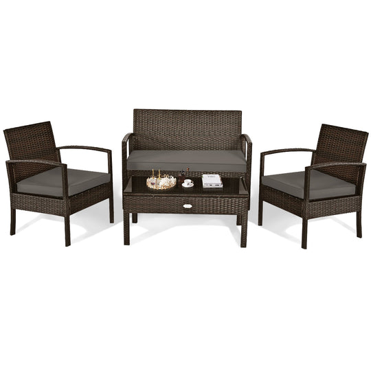 4 Pieces Patio Rattan Cushioned Furniture Set