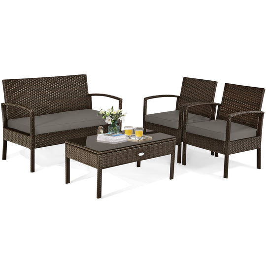 4 Pieces Patio Rattan Cushioned Furniture Set