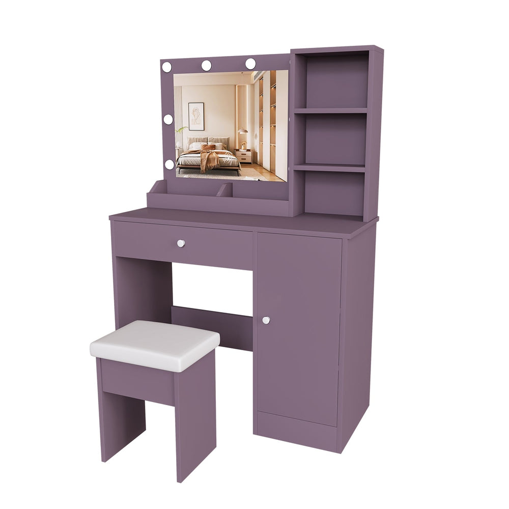 Purple Vanity Desk with Lighted Mirror & Padded Stool