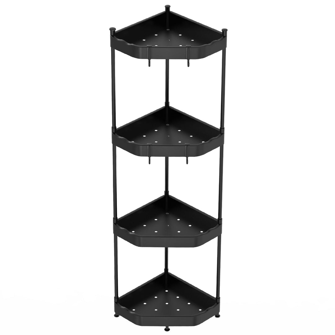 4 Tier Corner Shower Caddy Floor Standing Corner Shelf Carbon Steel Bathroom Storage Rack Organizer Stand with 4 Hooks for Bathroom Bathtub