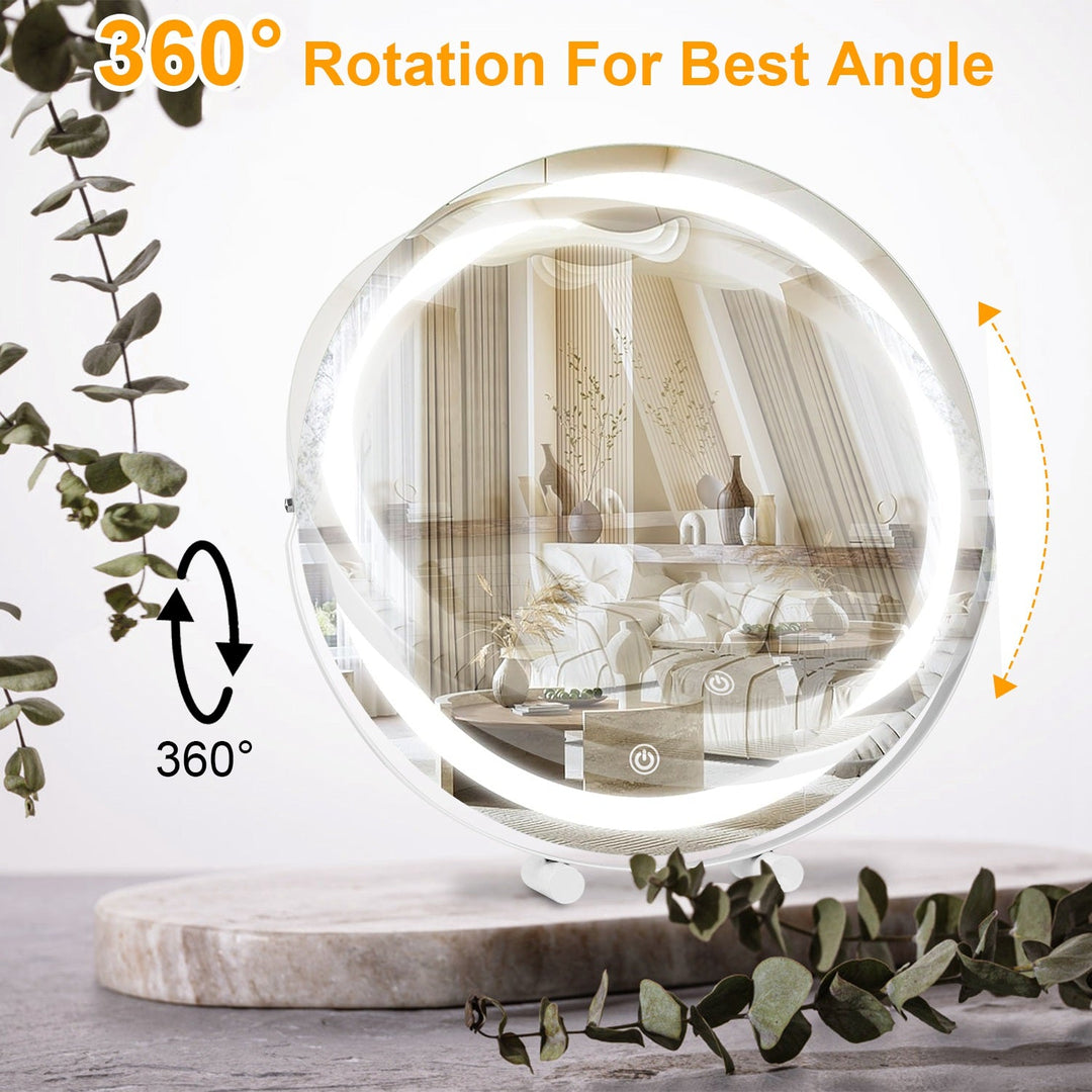 19Inch Large Round Vanity Makeup Mirror With LED Halo Light 3 Lighting Colors Dimmable Brightness Touch Control 360¡ Rotation High-Definition Lighted