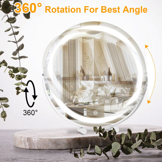19Inch Large Round Vanity Makeup Mirror With LED Halo Light 3 Lighting Colors Dimmable Brightness Touch Control 360¡ Rotation High-Definition Lighted