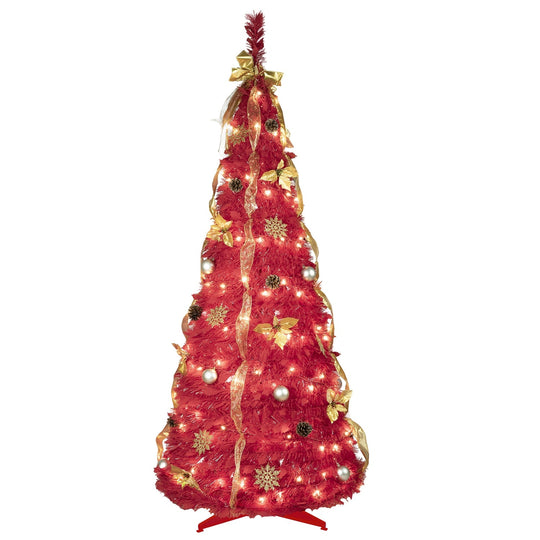 6FT Red Pre-Lit Christmas Tree with 150 LED Lights & Ornaments