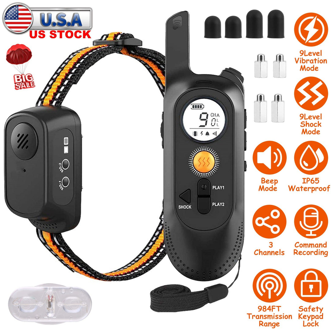 984FT Dog Training Collar IP65 Waterproof Pet Beep Vibration Electric Shock Collar 3 Channels Rechargeable Transmitter Receiver Trainer with Recording