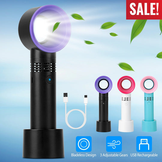 Portable Handheld Bladeless Fan Rechargeable Cooling USB Fan Desktop Use Fan w/ 3 Gears LED Indicator Cooling Fan