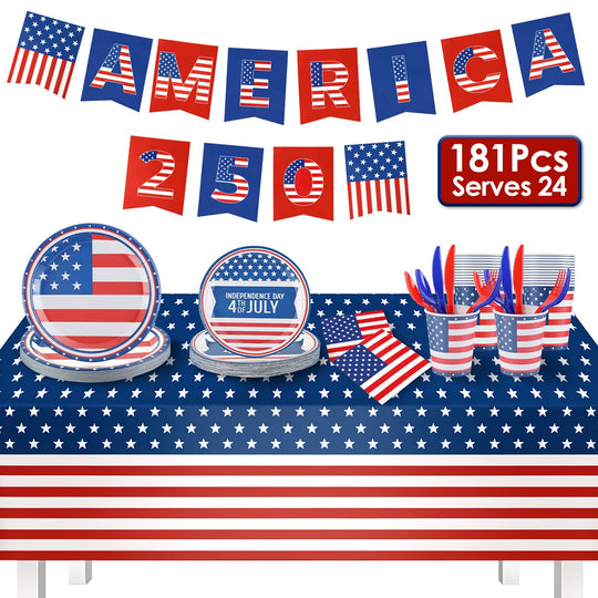 4th of July Party Supplies Set for 24 Guests - 181 Pieces