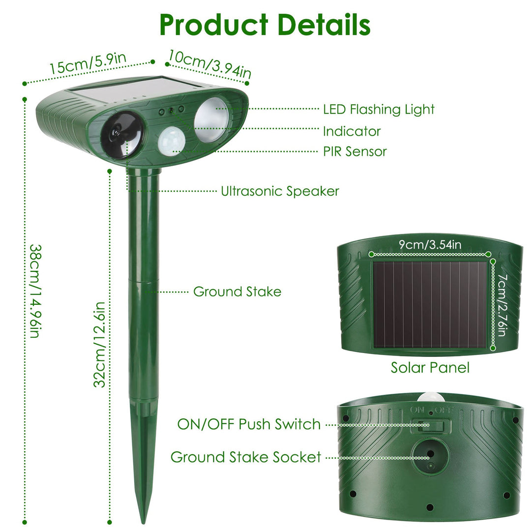 Solar Ultrasonic Animal Repeller PIR Sensor Animal Repellent Chaser with Flashing Light IPX4 Waterproof for Chasing Deer Raccoon Squirrel Rat Skunk Ra