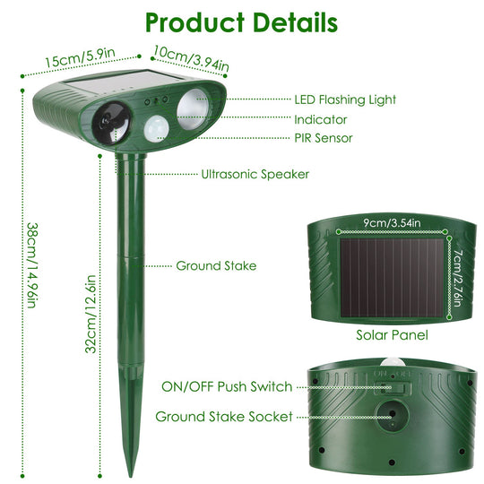 Solar Ultrasonic Animal Repeller PIR Sensor Animal Repellent Chaser with Flashing Light IPX4 Waterproof for Chasing Deer Raccoon Squirrel Rat Skunk Ra