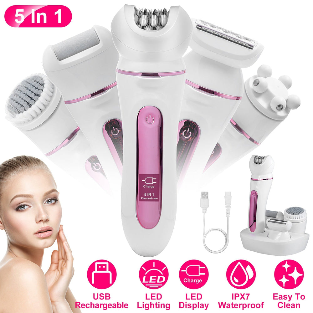 5 In 1 Electric Body Epilator Rechargeable Women\'s Grooming Kit Epilator Shaver Facial Brush Callus Remover 5-Point Massager with LED Light LED Displ