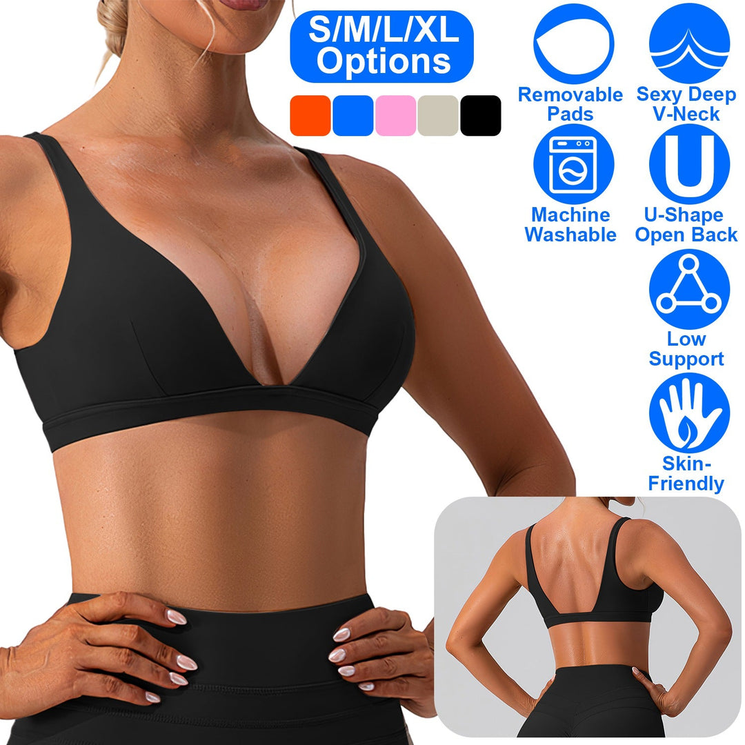 Women Deep V-Neck Sports Bras U-Shaped Back Sport Bras Padded StrappyÊCrop Open Back Low Impact Bras SexyÊFitnessÊTank Tops with Removable Pads for Gy