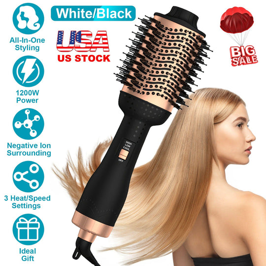 4 In 1 Hair Dryer Brush Curling Brush Hair Styler Volumizer Straightener Negative Ion Anti-frizz Hot-Air Hair Brush for All Hair Types Black White