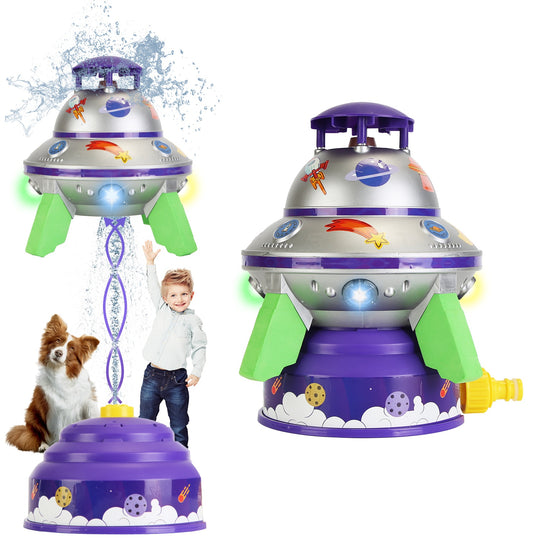 UFO Water Sprinkler Outdoor Summer Rocket Toy With Colorful LED Lights 360° Spinning 1.64FT To 6.56FT Adjustable Height Birthday Summer Gift For Girls