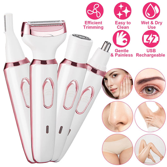 4 In 1 Electric Razor for Women Painless Grooming Kit Rechargeable Eyebrow Nose Hair Pubic Hair Bikini Trimmer Face Shaver