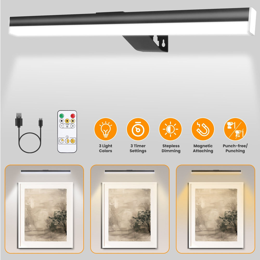 Wireless Picture Light Magnetic Art Display Light Dimmable Rechargeable Library Gallery Light with 3 Light Colors 3 Timer Settings Remote Control Punc