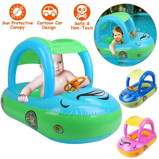 Baby Inflatable Pool Float Car Shaped Toddler Swimming Float Boat Pool Toy Infant Swim Ring Pool with Sun Protection Canopy for 1-3 Year-Old Kids Infa