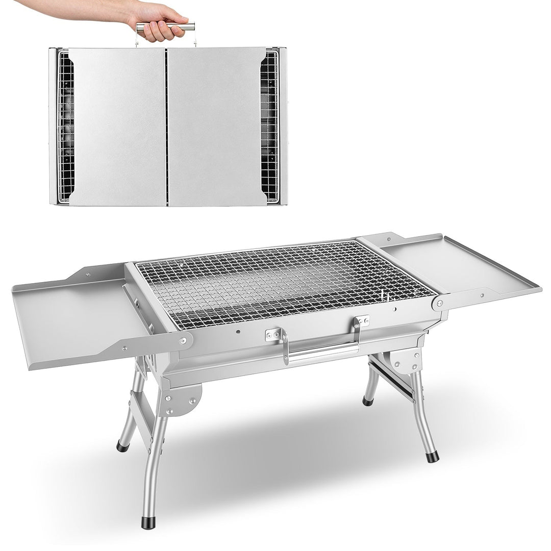 Foldable Charcoal Grill with Storage Shelf and 10 Skewers