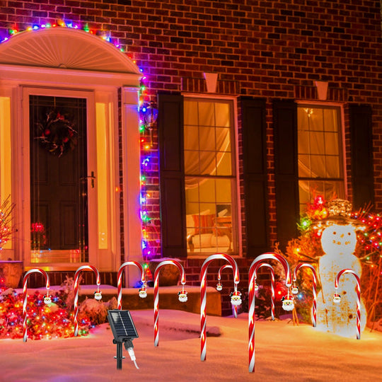 Solar Christmas Candy Cane Lights with 12 Candies 72LEDs Outdoor Christmas Decorations IP44 Waterproof Flickering Pathway Markers String Lights with 8