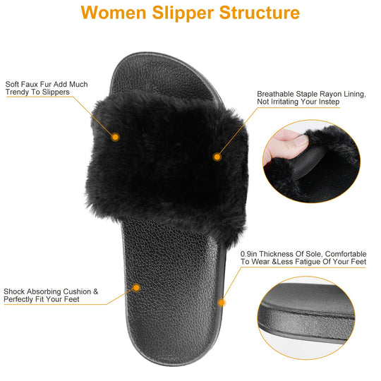 Women Faux Fur Slippers Open Toe Indoor Outdoor Flat Slide Sandals Anti-skid Lady House Shoes