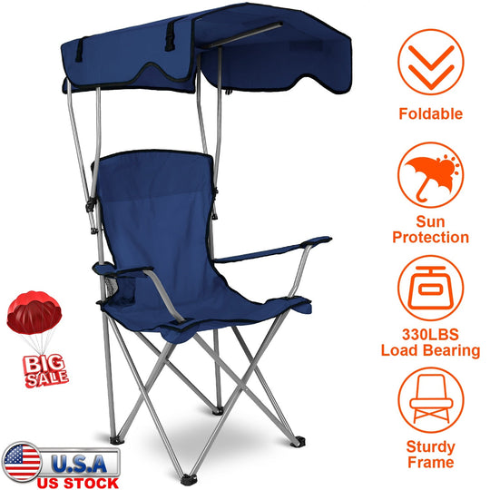 Foldable Beach Canopy Chair Sun Protection Camping Lawn Canopy Chair 330LBS Load Folding Seat w/ Cup Holder For Beach Poolside Travel Picnic