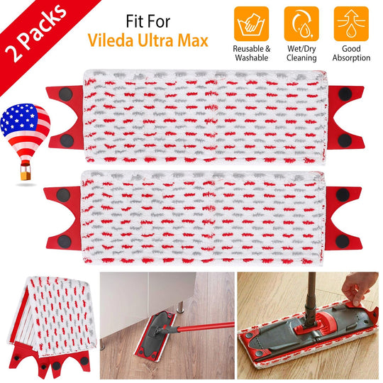 2Pcs Fiber Floor Mop Pads Fit for Vileda Ultra Max Mop Washable Mop Replacement Heads for Wet Dry Floor Cleaning