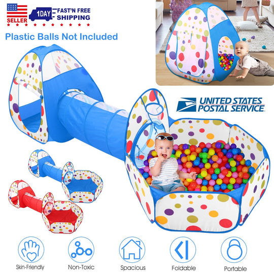 3 In 1 Child Crawl Tunnel Tent Kids Play Tent Ball Pit Set Foldable Children Play House Pop-up Kids Tent w/Storage Bag for Indoor Outdoor Travel Use