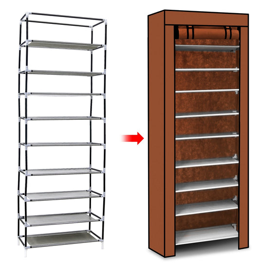 iMounTEK 10 Tiers DIY Shoe Cabinet Dustproof Easy Assemble Tidy Shoe Rack Non-Woven Fabric Holding 27 Pair Shoes Brown