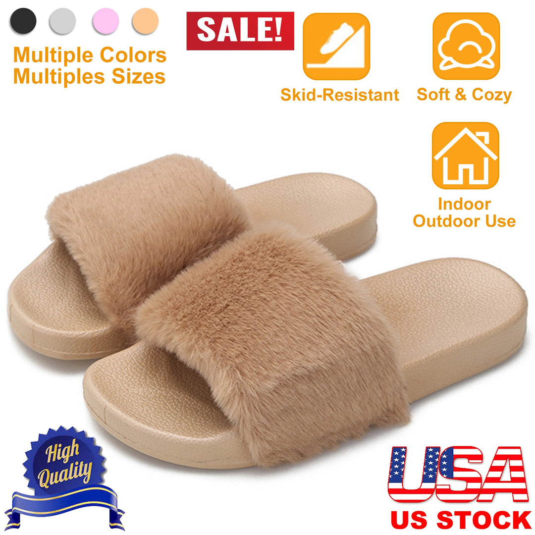 Women Faux Fur Slippers Open Toe Indoor Outdoor Flat Slide Sandals Anti-skid Lady House Shoes