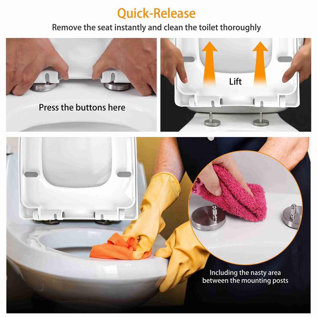 Square Toilet Seat with Grip-Tight Bumpers, Quiet-Close & Quick-Release – White