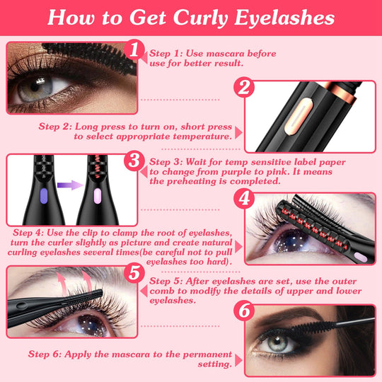 2 In 1 Clip Comb Heated Eyelash Curler Electric Mini Lash Curler Natural Eye Lash Makeup Tool with 3 Temp Settings 15Mins Shutdown