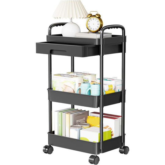 3 Tier Rolling Utility Cart Movable Storage Organizer with Drawer Lockable Wheels 360 Degree Rotatable Hallow Design for Bedroom Bathroom Kitchen