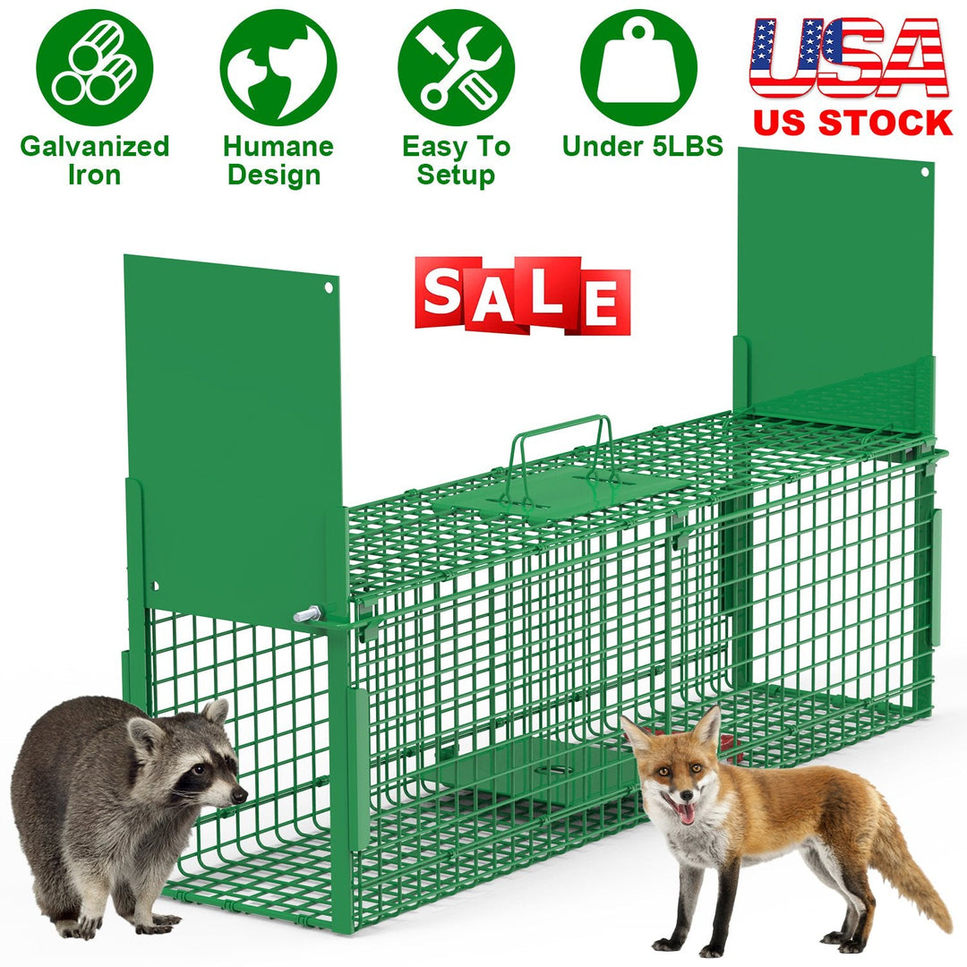 38in 2 Door Live Animal Cage Trap For Animals Under 18LBS Easy To Setup Humane Galvanized Iron Trap Cage For Raccoons Armadillos Groundhogs Muskrats O