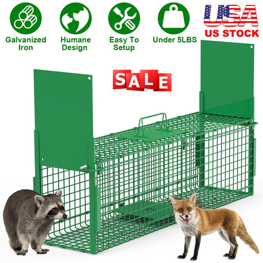38in 2 Door Live Animal Cage Trap For Animals Under 18LBS Easy To Setup Humane Galvanized Iron Trap Cage For Raccoons Armadillos Groundhogs Muskrats O