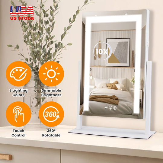 Vanity Mirror with Light 3 Lighting Colors Dimmable Brightness Smart Touch Control 10X Magnifying Mirror 360¡Rotation LED Lighted Makeup Mirror for De