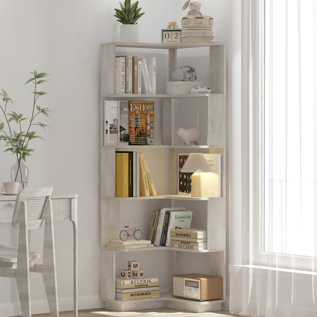 6 Tier Freestanding L-Shaped Corner Bookshelf For Living Room, Bedroom, Wooden Bookcase with anti-drop panle & anti tipp