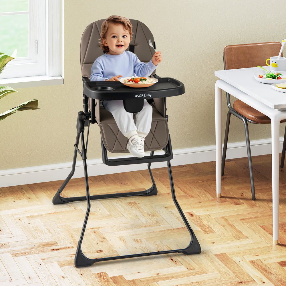 Easy Clean Compact Highchair with Removable Adjustable Tray and PU Seat Cushion-Brown