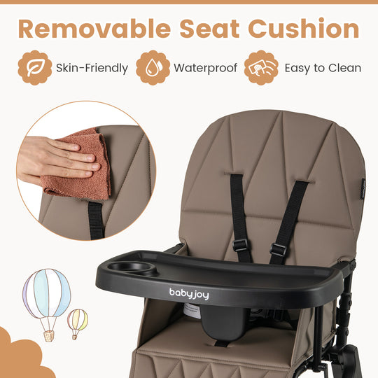 Easy Clean Compact Highchair with Removable Adjustable Tray and PU Seat Cushion-Brown