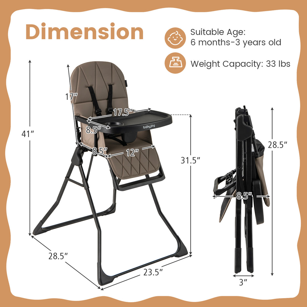 Easy Clean Compact Highchair with Removable Adjustable Tray and PU Seat Cushion-Brown