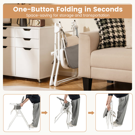 Easy Clean Compact Highchair with Removable Adjustable Tray and PU Seat Cushion-Gray