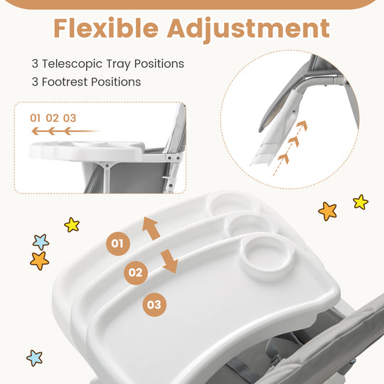 Easy Clean Compact Highchair with Removable Adjustable Tray and PU Seat Cushion-Gray