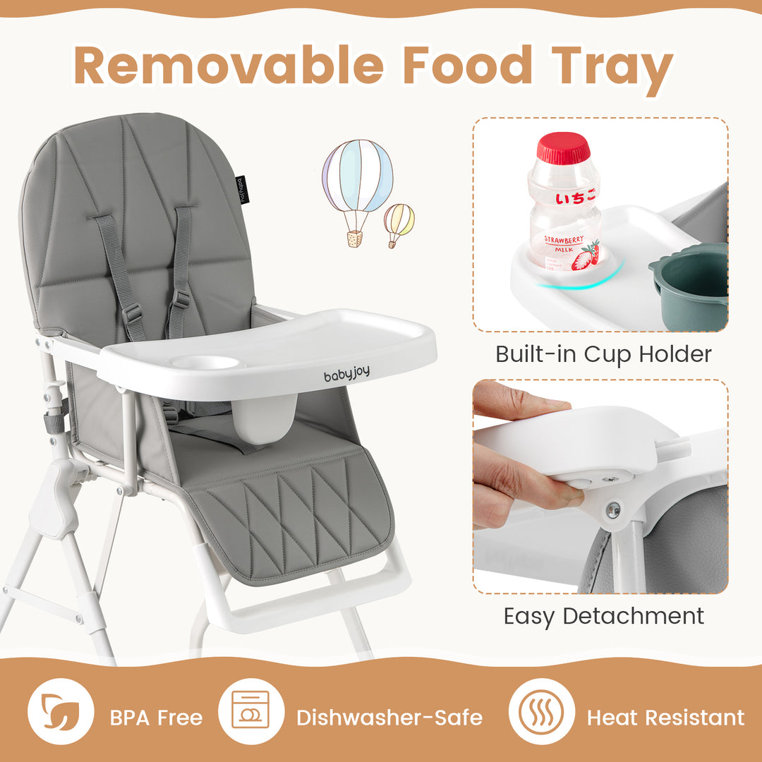 Easy Clean Compact Highchair with Removable Adjustable Tray and PU Seat Cushion-Gray