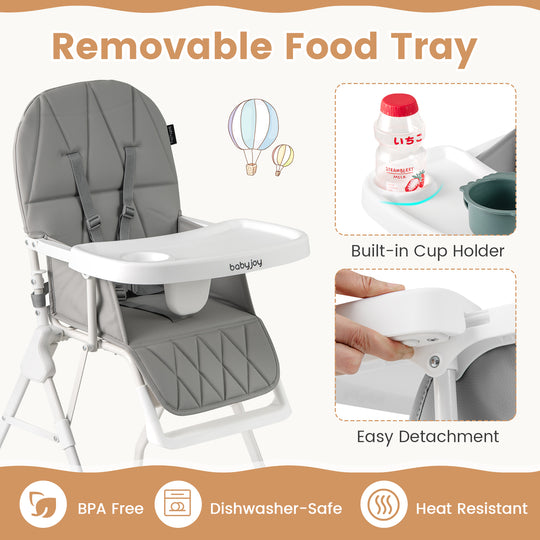 Easy Clean Compact Highchair with Removable Adjustable Tray and PU Seat Cushion-Gray