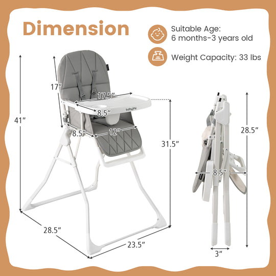Easy Clean Compact Highchair with Removable Adjustable Tray and PU Seat Cushion-Gray