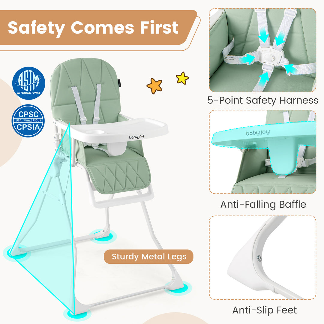 Easy Clean Compact Highchair with Removable Adjustable Tray and PU Seat Cushion-Green