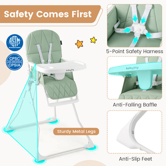 Easy Clean Compact Highchair with Removable Adjustable Tray and PU Seat Cushion-Green