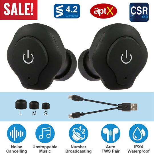 True Wireless Earbuds CSR V4.2 In-ear Stereo Headsets IP44 Waterproof Apt-X TWS Headphones Noise Cancelling w/ Mic for Business Driving Walking