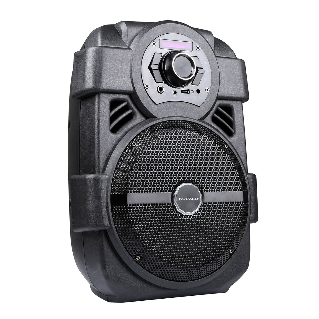 KOCASO Wireless Speaker Portable PA Karaoke System with 8" Subwoofer Sound System Wired Microphone w/ DJ Lights FM Remote Control